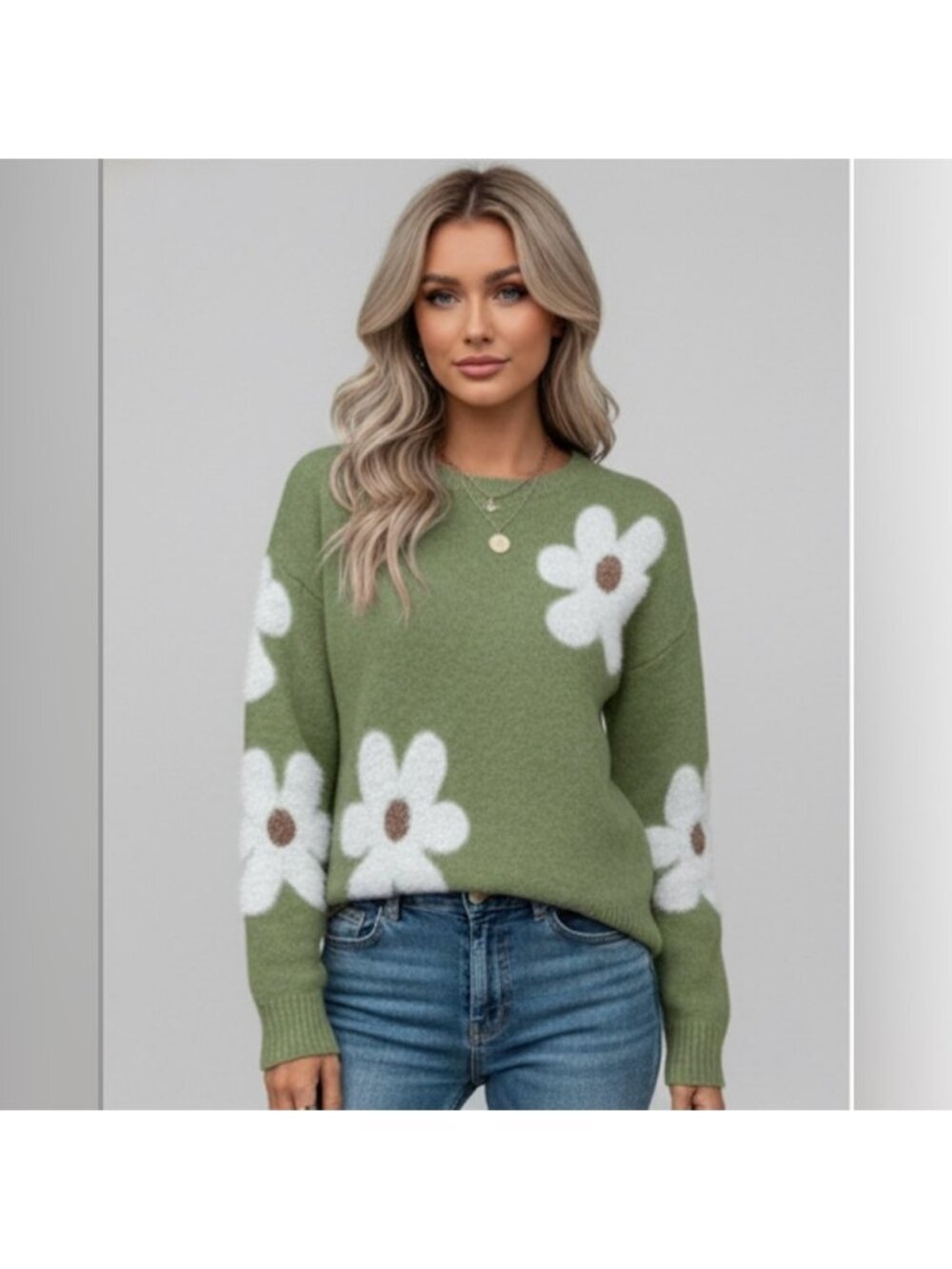 Green Fuzzy Floral Pattern Drop Shoulder Sweater